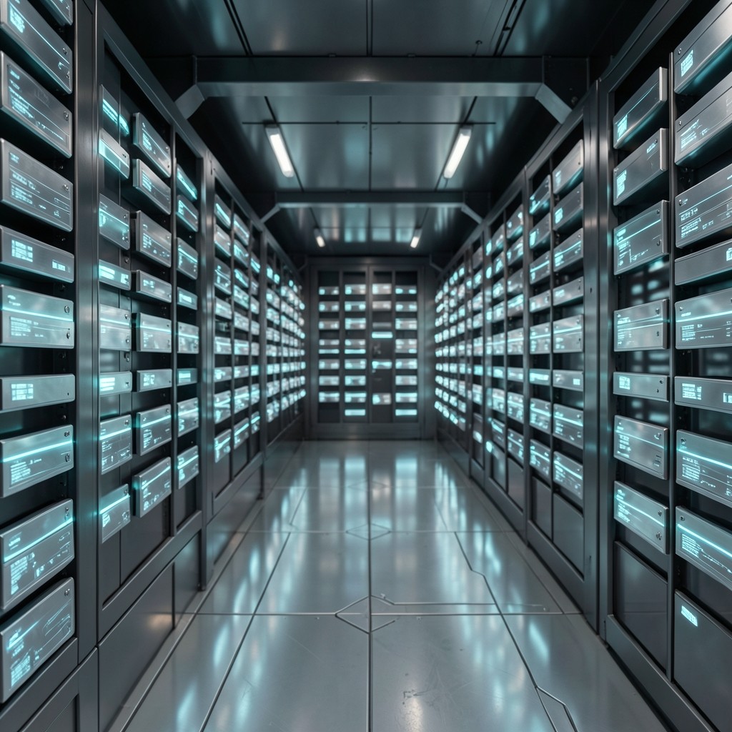 Futuristic digital archive and index with categorized glowing data tablets