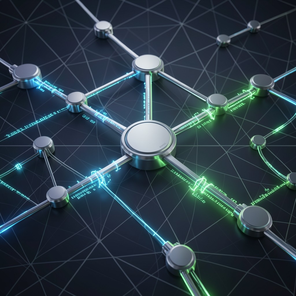 Futuristic high-throughput blockchain network topology with glowing nodes and luminous transaction streams in dark navy and electric turquoise