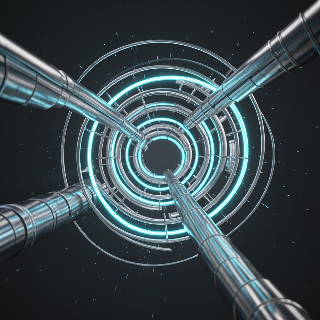 Cryptographic network architecture diagram with interlocking high-speed data consensus rings